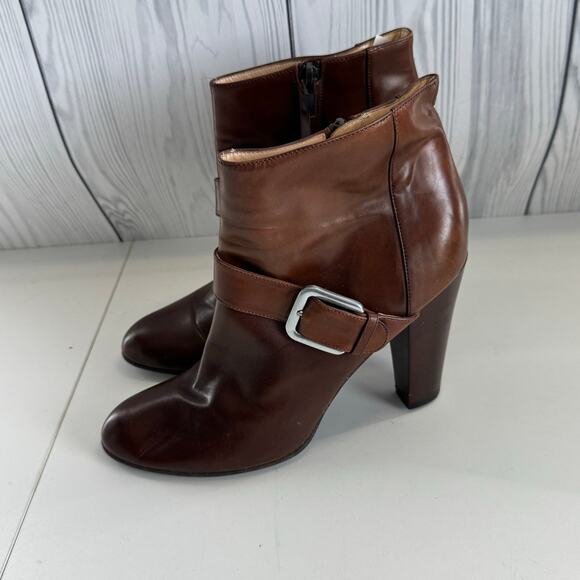 Cole Haan Size 8 Brown Leather Ankle Boots High Block Heel Buckle Bootie - Picture 3 of 10